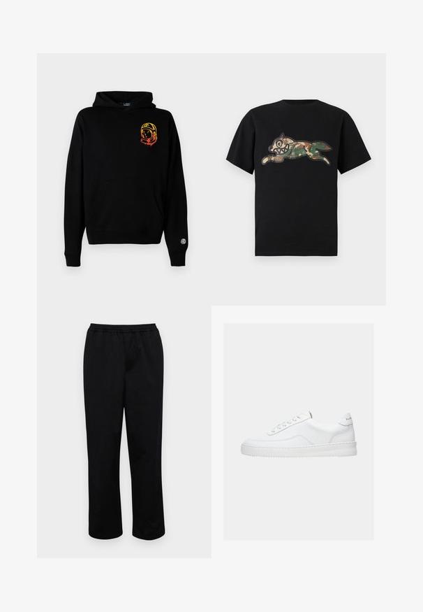 Schwarze Kapuzenjacke aus weichem Stoff, mit einer Vorderseite-Tasche, gerippten Bündchen und einem Astronauten-Graphic in Orange und Gelb auf der linken Brust.; Icecream CAMO RUNNING DOG WOODLAND - T-Shirt print - black; Schwarze, mittellange Hosen mit elastischem Bund. Aus glattem Stoff gefertigt, mit lockerem Schnitt und ohne sichtbare Taschen oder Verzierungen.; Weißer Sneaker mit niedrigem Schaft, Schnürdesign, glattem Lederobermaterial und dicker Sohle, von der Seite auf einfachem Hintergrund gezeigt.