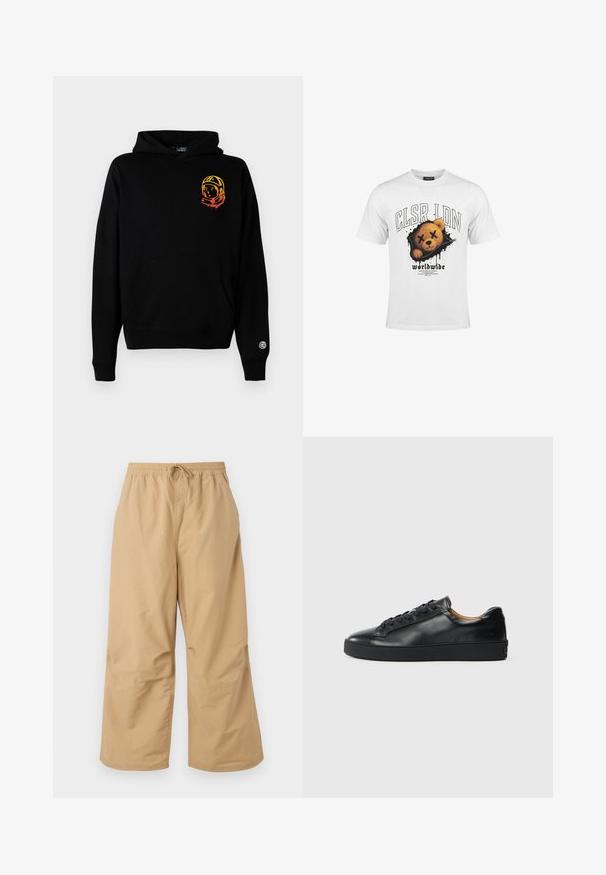 Schwarze Kapuzenjacke aus weichem Stoff, mit einer Vorderseite-Tasche, gerippten Bündchen und einem Astronauten-Graphic in Orange und Gelb auf der linken Brust.; Weißes T-Shirt mit einer Grafik eines Teddybärgesichts mit durchgestrichenen Augen und dem Text "CLSR LDN" und "worldwide" darunter.; Beige weite Hosen aus leichtem Stoff, mit einem elastischen Bund und einer Kordel sowie genähten Akzenten in der Nähe des Saums.; Schwarze Leder-Sneaker mit glatter Textur, runder Zehenpartie und Schnürverschluss. Verfügt über eine dicke Gummisohle und minimalistische Marken-Details.