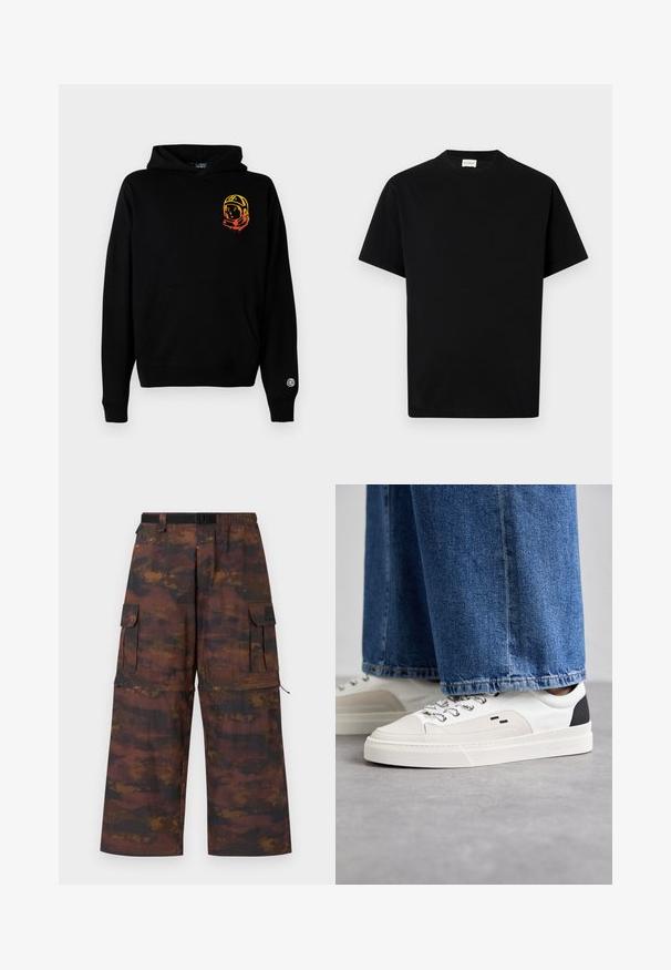 Sort hættetrøje lavet af blødt stof, med en frontlomme, ribbede manchetter og et astronautgrafik i orange og gul på venstre bryst.; Sort bomuld t-shirt med rund hals, korte ærmer og lige snit. Ingen synlige mønstre eller hardwaredetaljer.; Cargo bukser i et brunt, tekstureret stof med et falmet, abstrakt mønster. Har brede ben, elastisk talje og flere lommer.; Hvide og sorte sneakers med en glat læderoverdel, teksturerede detaljer og en kraftig hvid sål. Har et klassisk snørebåndsdesign.