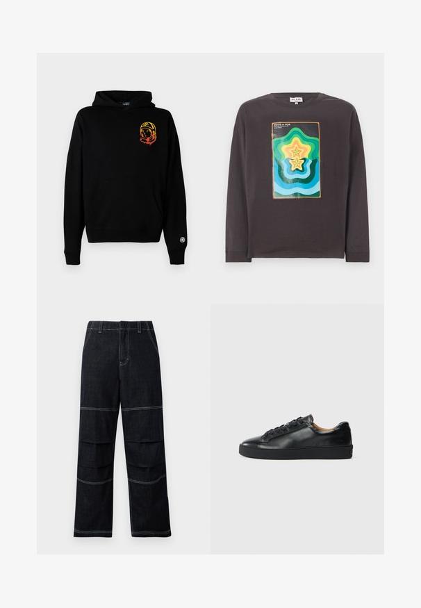 Schwarze Kapuzenjacke aus weichem Stoff, mit einer Vorderseite-Tasche, gerippten Bündchen und einem Astronauten-Graphic in Orange und Gelb auf der linken Brust.; Dunkelgraues langärmliges T-Shirt mit einem bunten geometrischen Design, das Wellen und Sterne in Grün, Blau, Gelb und Orange zeigt.; Dunkelblaue Maschenweite-Hosen mit hoher Taille, die über kontrastierende Nähte und geschichtete Taschen an den Oberschenkeln verfügen.; Schwarze Leder-Sneaker mit glatter Textur, runder Zehenpartie und Schnürverschluss. Verfügt über eine dicke Gummisohle und minimalistische Marken-Details.