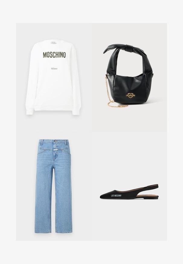 Pull en sweatshirt blanc présentant "MOSCHINO" en lettres olive foncé et "Milano" en texte plus petit en dessous. Encolure ronde classique et poignets côtelés.; CLOSED STOVER - Jean boyfriend - light blue; Chaussure plate slingback noire pointue avec un petit talon et logo "LOVE MOSCHINO" sur le côté, sur un fond clair uni.; Sac à main Love Moschino en cuir noir souple avec poignée nouée et bandoulière chaîne dorée sur fond blanc.