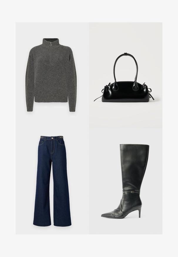 Pull gris à côtes avec col haut et fermeture à demi-zip, doté de manches longues et d'une texture travaillée.; Des jeans en denim bleu marine à jambes larges présentent une taille haute, des accents en chaîne dorée à la taille, et des détails de couture contrastants tout au long.; Bottes noires en cuir montant jusqu'au genou, avec un talon fin, un bout pointu et des détails de lanière à la cheville. Texture lisse et design ajusté.; Petit sac à main noir brillant avec deux longues anses et des détails à cordon sur les côtés sur un fond clair uni.