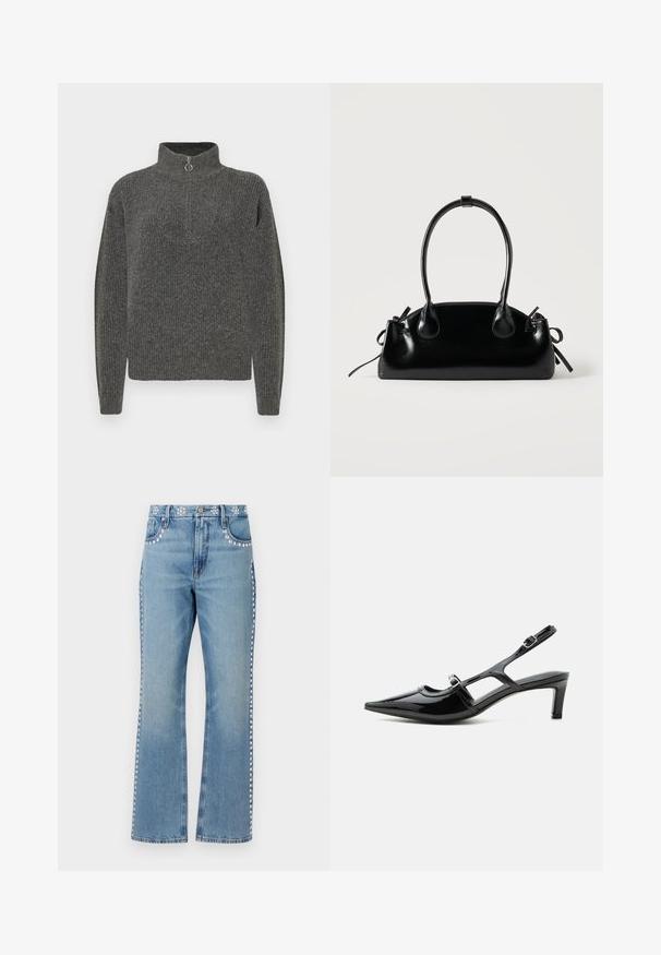 Pull gris à côtes avec col haut et fermeture à demi-zip, doté de manches longues et d'une texture travaillée.; Good American GOOD ICON STUDDED - Jean droit - indigo; Chaussure slingback en cuir verni noir à bout pointu, petit talon et deux brides réglables avec boucles, vue de profil latéral.; Petit sac à main noir brillant avec deux longues anses et des détails à cordon sur les côtés sur un fond clair uni.