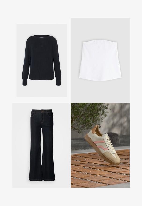 Suéter de punto azul marino con cuello redondo, textura acanalada y mangas largas tipo raglán. Presenta un corte recto en el dobladillo.; Top bandeau blanco sin tirantes con bordes rectos, colocado sobre un fondo gris claro.; Mos Mosh MMDARA DELUXE JEANS - Vaqueros boyfriend - dark blue; Zapatilla blanca con detalles en rosa y beige, parte superior de cuero, suela de goma texturizada y diseño con cordones, exhibida sobre una superficie de madera.