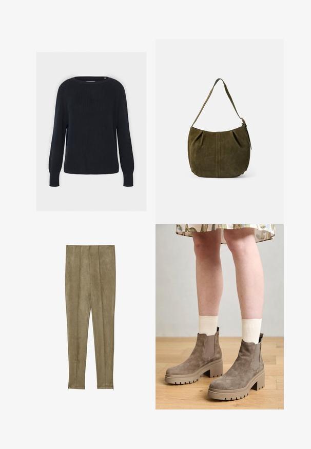 Marineblauer gestrickter Pullover mit rundem Halsausschnitt, gerippter Textur und langen Raglanärmeln. Hat einen geraden Schnitt am Saum.; Khaki-farbene, gefälschte Wildlederhosen mit vertikalen Nahtdetails und schmalen Säumen, die eine glatte Textur und eine figurbetonte Silhouette aufweisen.; Tamaris Plateaustiefelette - taupe; Olivgrüne Wildleder-Schultertasche mit einem Träger, zentraler Naht-Detail und seitlichem Reißverschlussanhänger, vor schlichtem hellem Hintergrund.