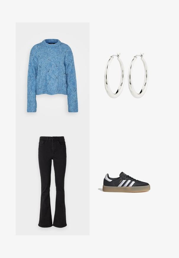 Vero Moda Tall VMLINA O NECK - Jersey de punto - allure melange; Jeans de mezclilla negra acampanados con cintura alta, que cuentan con cinco bolsillos y un cierre de botón resistente. Textura suave con un ligero estiramiento.; Zapatilla deportiva de cuero negro con tres rayas plateadas, punta texturizada y suela de goma. Cuenta con un collar acolchado y un diseño con cordones.; Pendientes de aro de plata con un acabado suave y brillante. Forma circular, con un cierre seguro. Diseño sencillo y elegante.