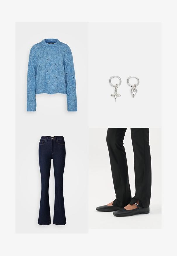 Vero Moda Tall VMLINA O NECK - Svetrík - allure melange; Tmavomodré džínsy s rozšírenými nohavicami, s vysokým pásom, zapínaním na gombíky a prednými aj zadnými vreckami. Hladká textúra s kontrastnými švami.; Nohy v čiernych priliehavých nohaviciach s prednými rozparkami na leme, v kombinácii s čiernymi plochými topánkami Mary Jane s malým prackovým remienkom.; Strieborné kruhové náušnice s príveskom v tvare kríža a srdca. Hladký, lesklý povrch s lešteným dokončením. Každý prívesok visí na bezpečnej slučke.
