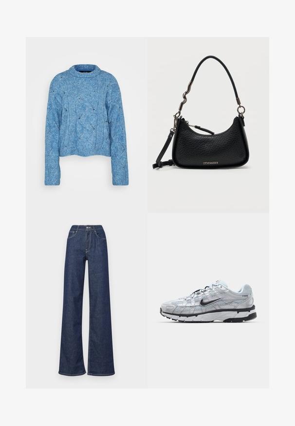 Vero Moda Tall VMLINA O NECK - Pullover - allure melange; Un jean en denim à jambes larges de couleur bleu foncé, avec une taille haute, des poches avant, des coutures visibles et une finition propre aux ourlets.; Baskets Nike P-6000 avec une tige en mesh gris clair, des accents noirs et une semelle en caoutchouc noir durable. Présente un design complexe et un système de laçage.; Sac à main Steve Madden en cuir texturé noir avec fermeture à glissière incurvée sur le dessus, poignée courte en métal et cuir irrégulière, et bandoulière détachable.