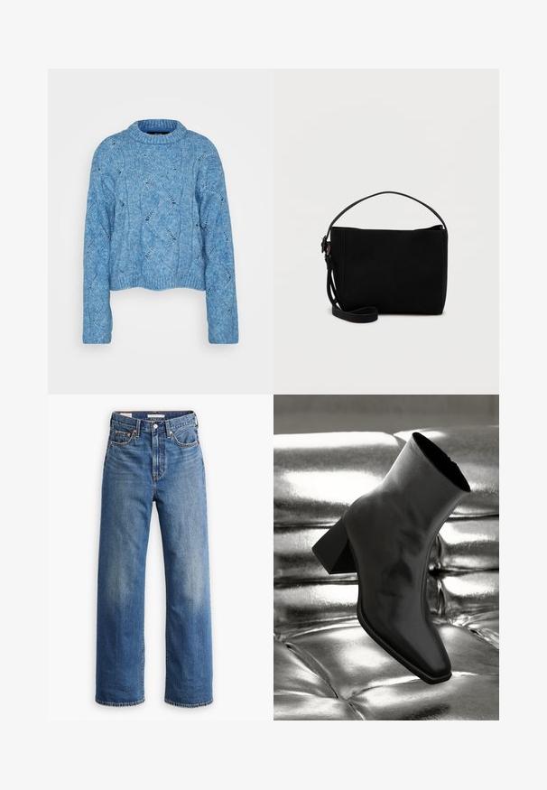 Vero Moda Tall VMLINA O NECK - Pullover - allure melange; Jean en denim bleu clair avec une taille haute, une coupe à jambes larges, un style classique à cinq poches et un léger délavage sur le tissu.; Botte noire à la cheville en matériau brillant avec un bout carré et un talon effilé, sur un fond argenté brillant et capitonné.; Sac à main rectangulaire noir avec une courte poignée et une bandoulière amovible, présenté sur un fond clair uni.