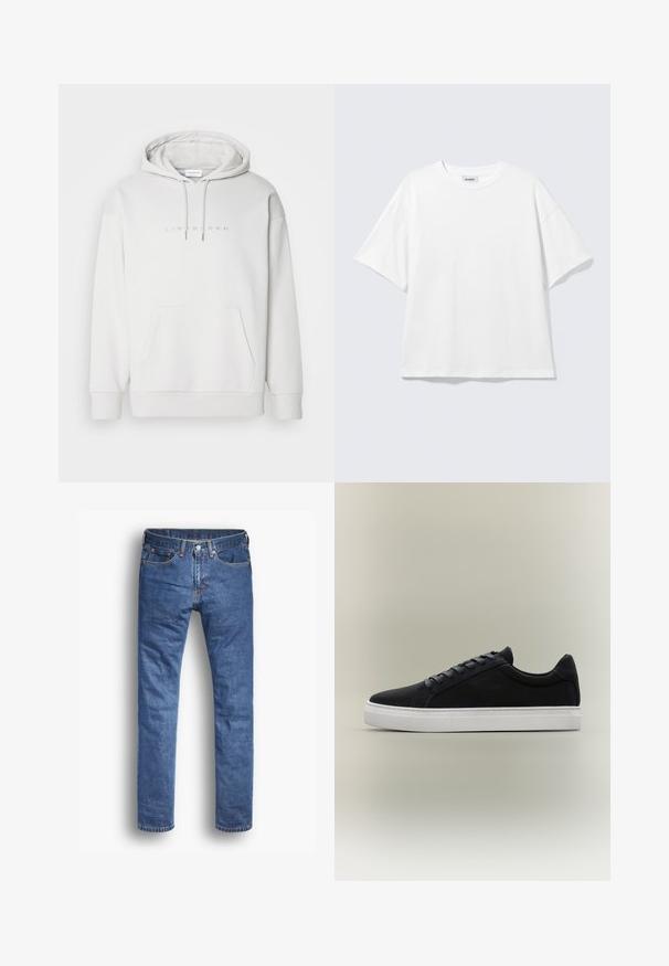 Haut à capuche blanc en tissu doux, doté d'une poche kangourou, d'une capuche avec cordon de serrage et d'un subtil texte en relief. Coupe standard avec des poignets côtelés.; T-shirt blanc oversize à manches courtes, col rond, épaules tombantes, posé à plat sur fond gris clair.; Jean en denim de couleur bleu moyen avec une coupe droite, comportant cinq poches, une fermeture à bouton et à zip, et des accents de couture discrets.; Baskets basses noires avec semelle en caoutchouc blanche, design à lacets et col rembourré, présentées sur un fond gris neutre.