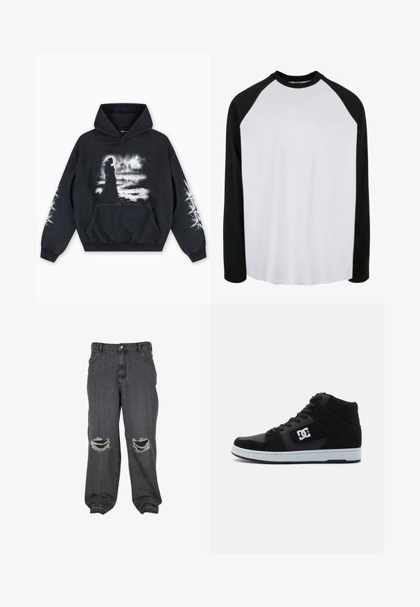 Zwarte hoodie met een voorkant bedrukking van een figuur tegen een bewolkte achtergrond. Voorzien van een kangoeroezak en sterpatronen op de mouwen.; Langarm raglan shirt met een witte body en zwarte mouwen, gemaakt van zacht katoen, met een ronde halslijn en een relaxte pasvorm.; Zwarte denim jeans met een ontspannen pasvorm, voorzien van twee grote scheuren op de knieën, taps toelopende boorden en een klassieke knoopsluiting.; Hoge sneakers van zwart suede en leer, met een witte rubberen zool, zwarte veters en een opvallend wit DC-logo aan de zijkant.