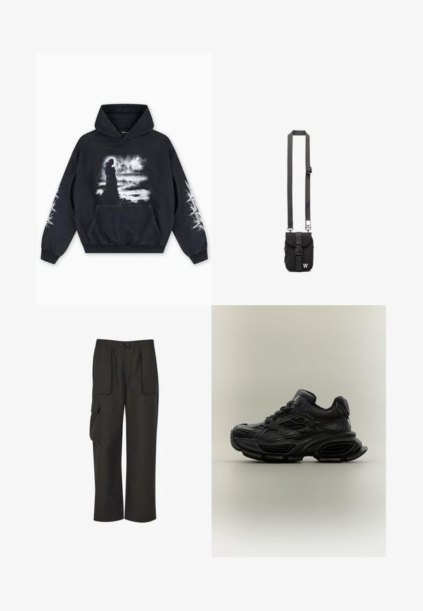 Sort hættetrøje med et frontgrafik af en figur mod en skyet baggrund. Indeholder en kængurulomme og stjernemønstre på ærmerne.; Urban Classics TECHNICAL - Cargobukser - black; Sort chunky sneaker med tekstureret design, tyk sål og snørelukning vist mod en almindelig neutral baggrund.; Sort stof crossbody tas med justerbar skulderrem, frontklap og lynlåslomme. Udstyret med mærkehardware og en kompakt rektangulær form.