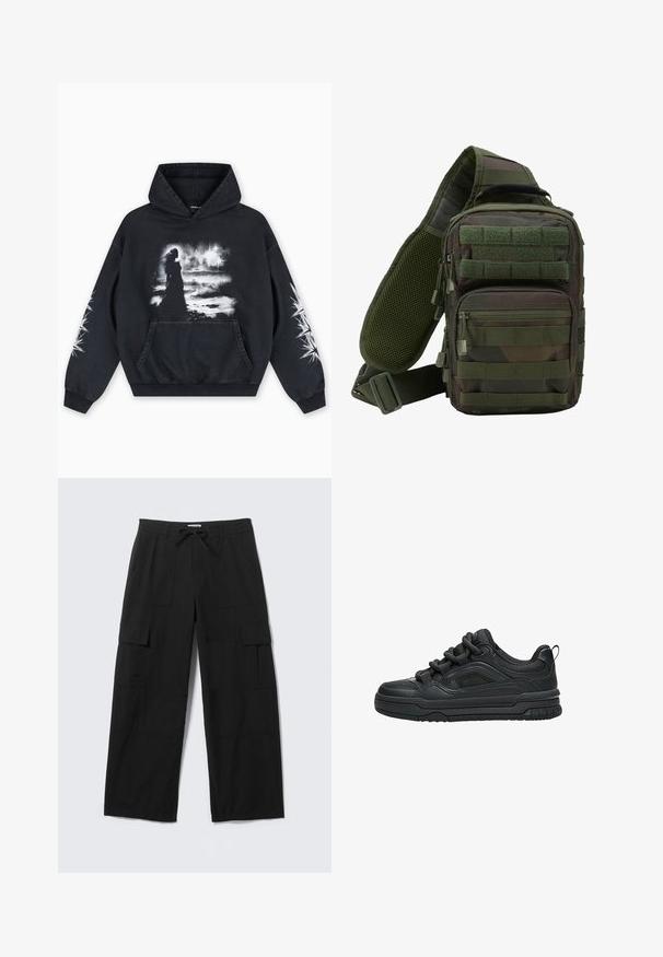 Schwarzer Hoodie mit einem vorderen Grafikdruck einer Figur vor einem wolkigen Hintergrund. Enthält eine Kängurutasche und Sternmuster auf den Ärmeln.; Schwarze Cargo-Hose mit weitem Bein, vorderen Taschen, Oberschenkeltaschen mit Klappen, Gürtelschlaufen und Kordelzugbund, flach auf einem weißen Hintergrund ausgelegt.; Schwarzer Low-Top-Sneaker mit dicker Sohle, gepolstertem Kragen, Mesh-Einsätzen und kräftigen Schnürsenkeln, dargestellt vor weißem Hintergrund.; Grüner Tarn-Sling-Rucksack mit mehreren Reißverschlusstaschen, einem verstellbaren Gurt und einem Netzrückenpaneel zur Belüftung.