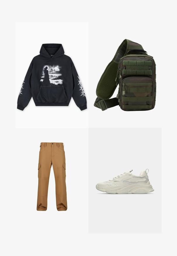 Schwarzer Hoodie mit einem vorderen Grafikdruck einer Figur vor einem wolkigen Hintergrund. Enthält eine Kängurutasche und Sternmuster auf den Ärmeln.; Braune Cargo-Hosen aus strapazierfähigem Material, mit mehreren Taschen, lockerer Passform und verstärkten Nähdetails.; Klobiger weißer Sneaker mit Netzakzenten, texturierter Gummisohle und abgerundeter Form. Verfügt über minimalistisches Branding und eine Ziehschlaufe an der Ferse.; Grüner Tarn-Sling-Rucksack mit mehreren Reißverschlusstaschen, einem verstellbaren Gurt und einem Netzrückenpaneel zur Belüftung.