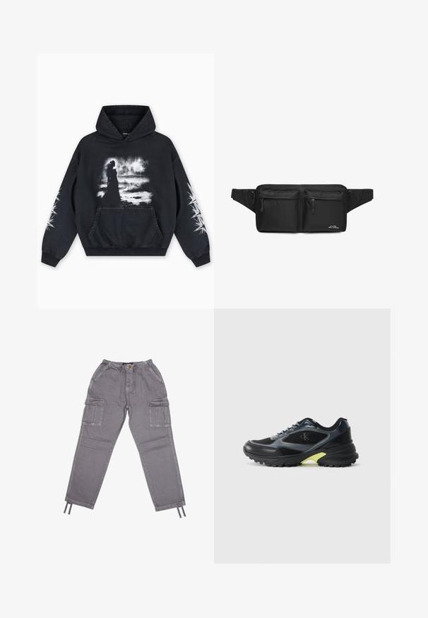 Sweat à capuche noir présentant un imprimé graphique au centre montrant une silhouette sur un fond nuageux. Comprend une poche kangourou et des motifs d'étoiles sur les manches.; Pantalons cargo gris avec une taille élastique, fermeture à cordon de serrage et plusieurs poches latérales. Fabriqués en tissu durable avec une texture lisse.; Baskets de sport noires et grises avec des panneaux en maille, semelle texturée et un accent jaune à l'arrière. Comprend des lacets et un logo sur le côté.; Sac de taille noir en tissu durable avec deux poches zippées, une sangle ajustable et un détail de logo à l'avant.