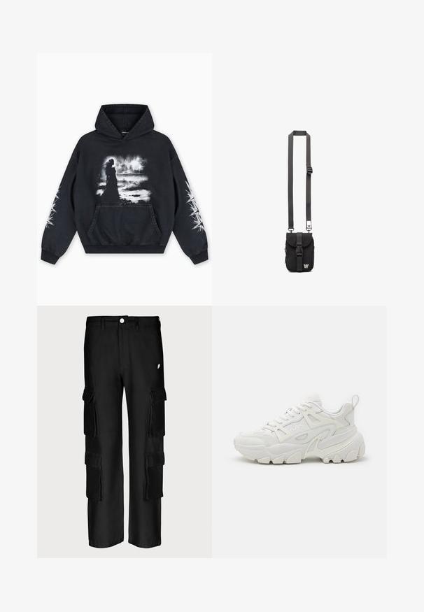 Zwarte hoodie met een voorkant bedrukking van een figuur tegen een bewolkte achtergrond. Voorzien van een kangoeroezak en sterpatronen op de mouwen.; Zwarte cargobroek met een losse pasvorm, meerdere zijzakken, een knoopsluiting en een gladde stoftextuur.; Witte sportieve sneakers met een gestructureerde bovenkant, mesh panelen, een opvallende rubberen zool en decoratieve uitsparingen aan de zijkanten.; Zwarte stoffen schoudertas met een verstelbare strap, voorflap en een ritsvak. Heeft merkhardware en een compacte rechthoekige vorm.