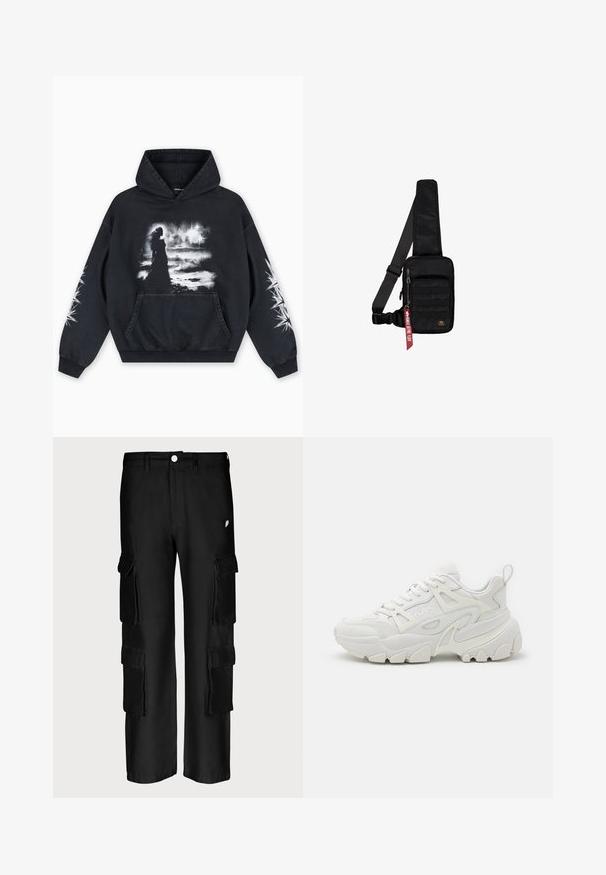 Sudadera con capucha negra con un estampado gráfico frontal de una figura sobre un fondo nublado. Incluye un bolsillo tipo canguro y patrones de estrellas en las mangas.; Pantalones cargo negros con un corte holgado, múltiples bolsillos laterales, cierre de botón y una textura de tela suave.; Zapatillas deportivas blancas con un upper texturizado, paneles de malla, suela de goma prominente y recortes decorativos en los laterales.; Bolso bandolera negro hecho de tela texturizada. Cuenta con un compartimento principal con cremallera, bolsillo delantero con cinta, correa ajustable y una etiqueta decorativa.