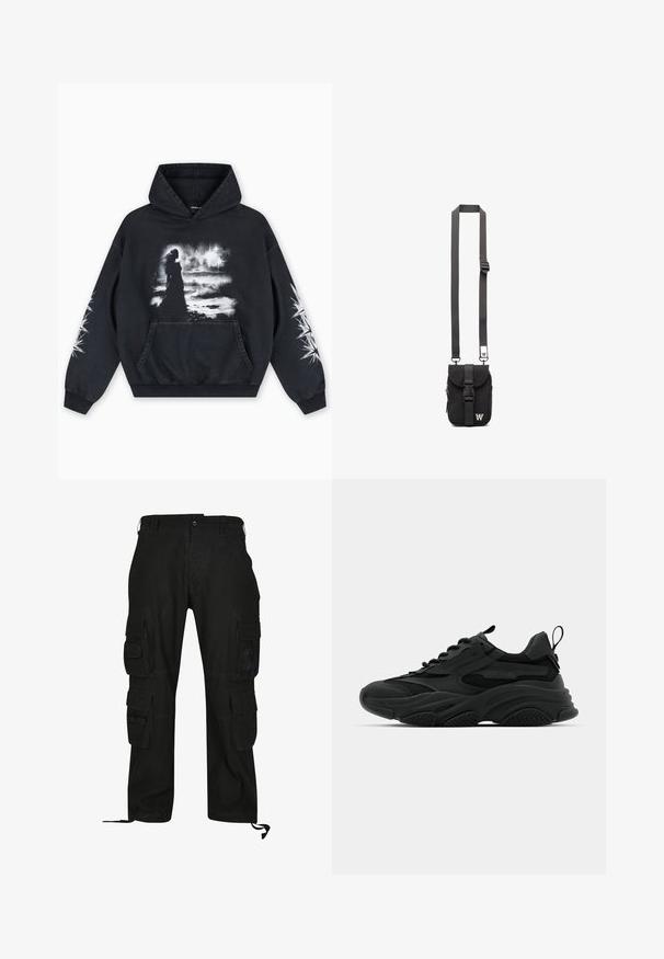 Sudadera con capucha negra con un estampado gráfico frontal de una figura sobre un fondo nublado. Incluye un bolsillo tipo canguro y patrones de estrellas en las mangas.; Pantalones cargo negros hechos de tela duradera, con múltiples bolsillos laterales, un ajuste relajado y correas ajustables en los tobillos.; Zapatillas deportivas negras con una suela gruesa, paneles de malla y acentos de goma. Cuentan con una lengüeta en el talón y patrones texturizados.; Bolso cruzado de tela negra con correa ajustable, solapa frontal y bolsillo con cremallera. Presenta herrajes de marca y una forma rectangular compacta.