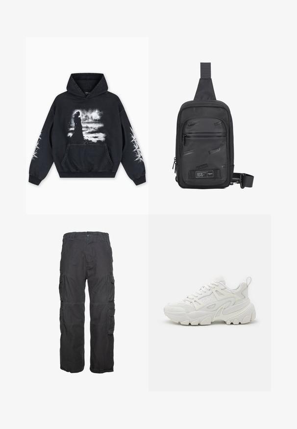 Zwarte hoodie met een voorkant bedrukking van een figuur tegen een bewolkte achtergrond. Voorzien van een kangoeroezak en sterpatronen op de mouwen.; Zwarte cargobroek van katoen, met meerdere zijzakken, een rechte pijpdesign en gestikte details op de naden.; Witte sportieve sneakers met een gestructureerde bovenkant, mesh panelen, een opvallende rubberen zool en decoratieve uitsparingen aan de zijkanten.; Zwarte schoudertas gemaakt van duurzaam materiaal, met een gladde voorpaneel met reliëflogo's, een verstelbare schouderband en ritssluitingen.