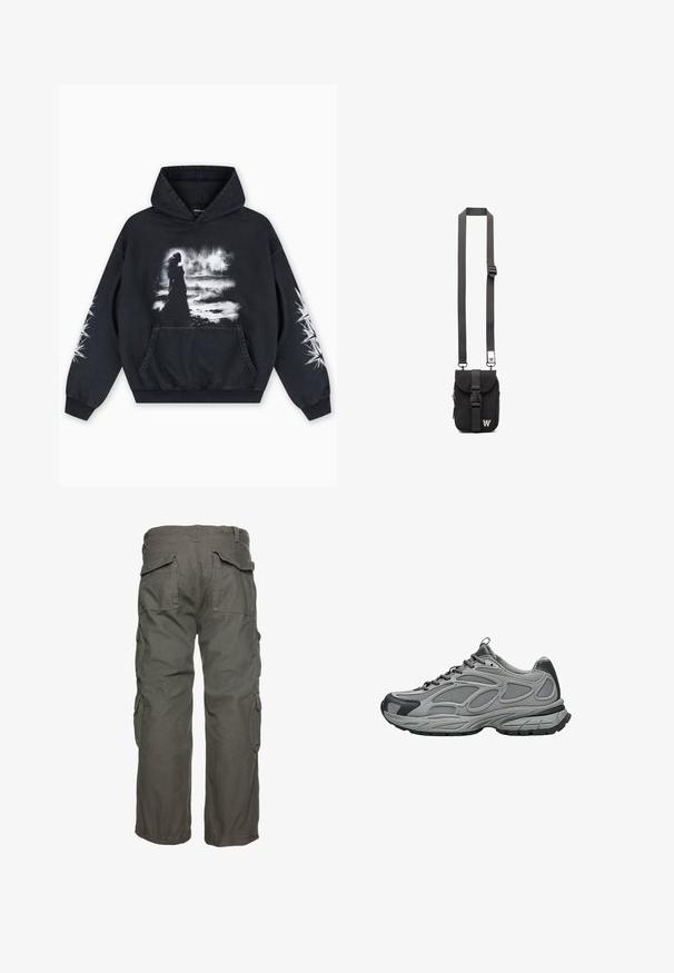Zwarte hoodie met een voorkant bedrukking van een figuur tegen een bewolkte achtergrond. Voorzien van een kangoeroezak en sterpatronen op de mouwen.; Olijfgroene cargobroek, voorzien van meerdere zijzakken, een relaxte pasvorm en verstelbare manchetten voor een goede pasvorm. Duurzaam katoenstof.; Grijze en zwarte sportschoen met mesh en synthetische bovenkant, dikke structuurzool, veters en trekhaak aan hiel en tong, zijaanzicht.; Zwarte stoffen schoudertas met een verstelbare strap, voorflap en een ritsvak. Heeft merkhardware en een compacte rechthoekige vorm.