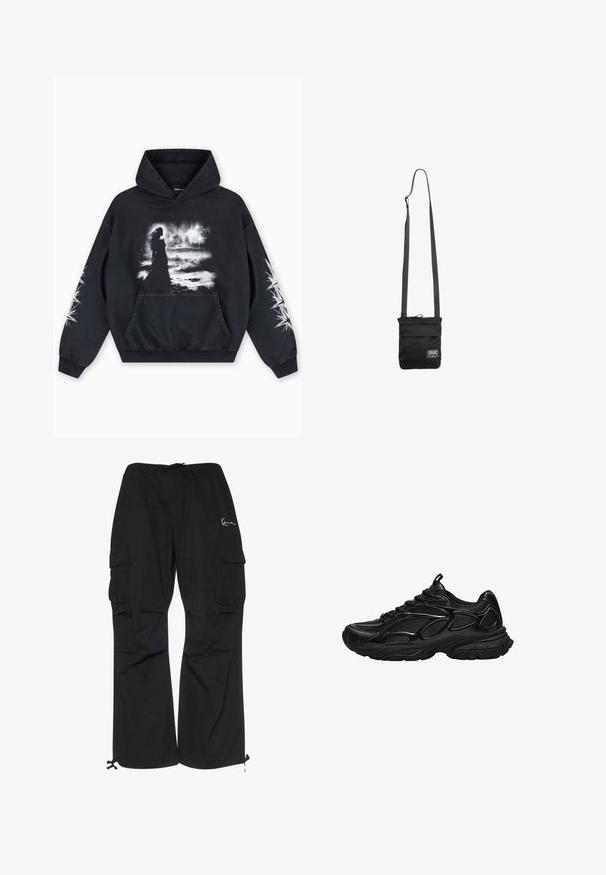 Zwarte hoodie met een voorkant bedrukking van een figuur tegen een bewolkte achtergrond. Voorzien van een kangoeroezak en sterpatronen op de mouwen.; Zwarte cargobroek van lichtgewicht stof, met een elastische tailleband met koord, zijzakken en verstelbare manchetten.; Zwarte sportschoen met mesh en synthetische bovenkant, dikke gewatteerde zool en vetersluiting, zijaanzicht op een witte achtergrond.; Zwarte crossbodytas met verstelbare riem en een klein wit rechthoekig logo-label aan de onderkant van de voorkant.