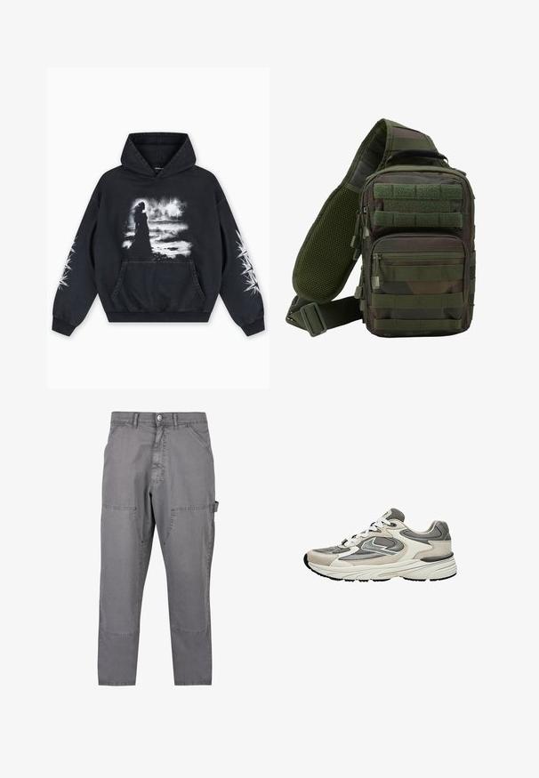 Sweat à capuche noir présentant un imprimé graphique au centre montrant une silhouette sur un fond nuageux. Comprend une poche kangourou et des motifs d'étoiles sur les manches.; Pantalon cargo gris en coton, avec une coupe droite, des poches latérales et des surpiqûres doubles pour la durabilité.; Baskets de sport gris clair et blanc avec panneaux en mesh et daim, lacets blancs et semelle épaisse et rembourrée, vues de côté.; Sac à dos en bandoulière camouflage vert avec plusieurs poches zippées, une sangle réglable et un panneau arrière en mesh pour la ventilation.
