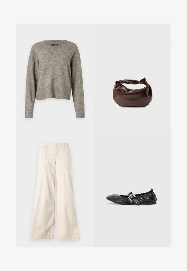 Suéter de manga larga en punto gris claro con escote en V y dobladillo acanalado. Textura ligera, diseño ligeramente recortado y ajuste relajado.; Pantalones anchos color beige con cierre de botón, cinturilla elástica y dos bolsillos laterales. Tejido de algodón suave con una textura agradable.; Zapato plano de piel negra con puntera afilada, detalle fruncido alrededor de la abertura y un acento de hebilla plateada en la correa ajustable.; Bolso de hombro de cuero marrón oscuro con una forma suave y caída, y un asa con nudo torcido sobre un fondo blanco liso.