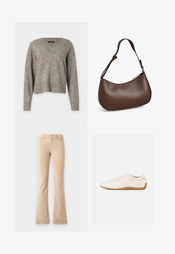 Suéter de manga larga en punto gris claro con escote en V y dobladillo acanalado. Textura ligera, diseño ligeramente recortado y ajuste relajado.; Pantalones acampanados de corduroy beige con un acabado texturizado, dos bolsillos delanteros, una cremallera y un detalle de botón en tono plateado.; Zapatilla deportiva de cuero blanco con textura suave, punta redondeada y costuras tono sobre tono. Cuenta con una suela de goma color cuero y cierre de cordones.; Pequeño bolso bandolera de cuero marrón con correa ajustable y cierre de cremallera, mostrado sobre un fondo blanco. Sin logotipos ni adornos visibles.