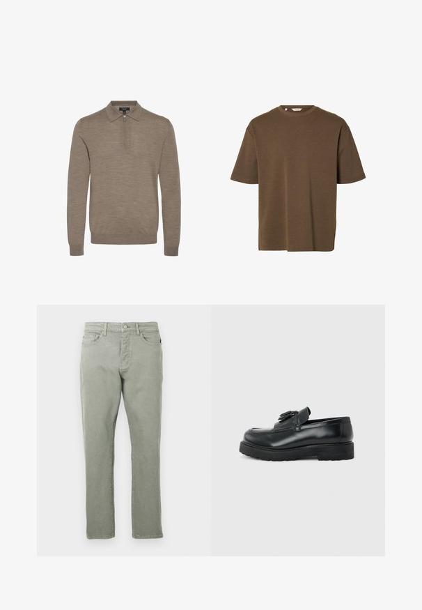Lysebrunt pullover med lynlåskrave, lange ærmer og en blød struktur, lavet af fint strikket materiale.; Brun T-shirt med korte ærmer og rund hals, løs pasform og ensfarvet design, vist mod en hvid baggrund.; Grå denimjeans med en lige pasform, der har klassiske lommer, knaplukning foran og diskrete syningsdetaljer. Blød tekstur.; Sort læderloafer med kvaster, tyk gummisål og lav hæl, vist i sideprofil på en ensfarvet baggrund.