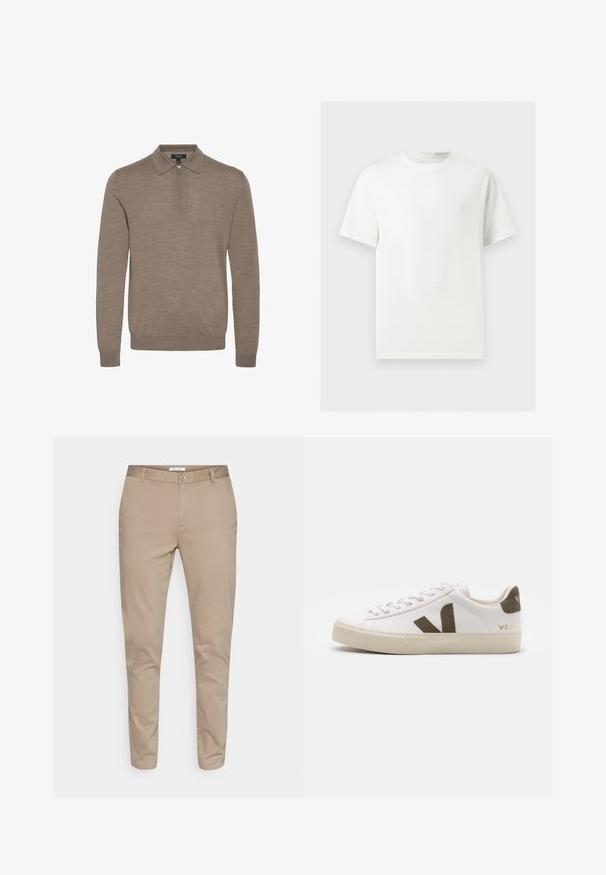 Suéter marrón claro con cuello con cremallera, mangas largas y una textura suave, hecho de un material de punto fino.; Camiseta blanca lisa de manga corta y cuello redondo mostrada sobre un fondo gris claro.; Chinos de algodón beige con un diseño de pierna recta, que cuentan con un cierre de botón, trabillas y bolsillos laterales. Textura suave sin patrones.; Zapatillas de cuero blanco con una suela de goma beige claro. Presenta un logo en forma de V de gamuza marrón y una pestaña en el talón. Cierre con cordones y superficie texturizada.