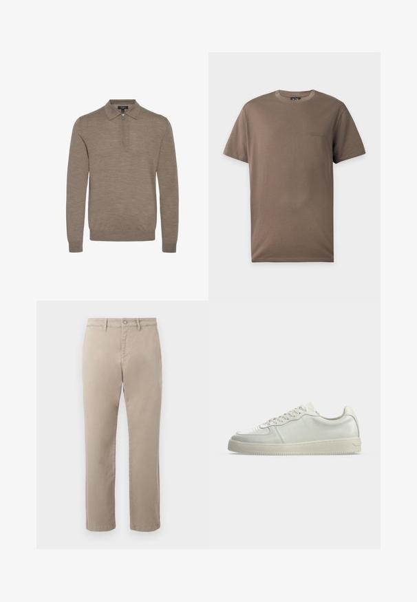Lysebrunt pullover med lynlåskrave, lange ærmer og en blød struktur, lavet af fint strikket materiale.; Brun T-shirt med korte ærmer og rund hals med lille præget Armani Exchange-logo på venstre bryst mod en hvid baggrund.; Beige bukser med lige ben, knap- og lynlåslukning, bæltestropper og forlommer.; Hvid lav sko af læder med snørelukning og off-white gummisål, vist fra siden på en ensfarvet baggrund.