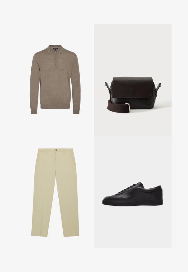 Kerge pruun pullover, millel on tõmblukuga krae, pikad varrukad ja pehme tekstuur, valmistatud peenest kudumist.; Beige chinos, mis valmistatud kergest puuvillast, sirge sääre lõikega, esikottide ja ühe nupuga talje kinnituseks.; Mustad madala säärega nahast toss, millel on ees nöörpaelad ja lame kummitald, nähtud küljelt tühjal valgel taustal.; Tumepruun nahast ristihoidev kott klapiga sulgemise ja reguleeritava kangast rihmaga valgel taustal.