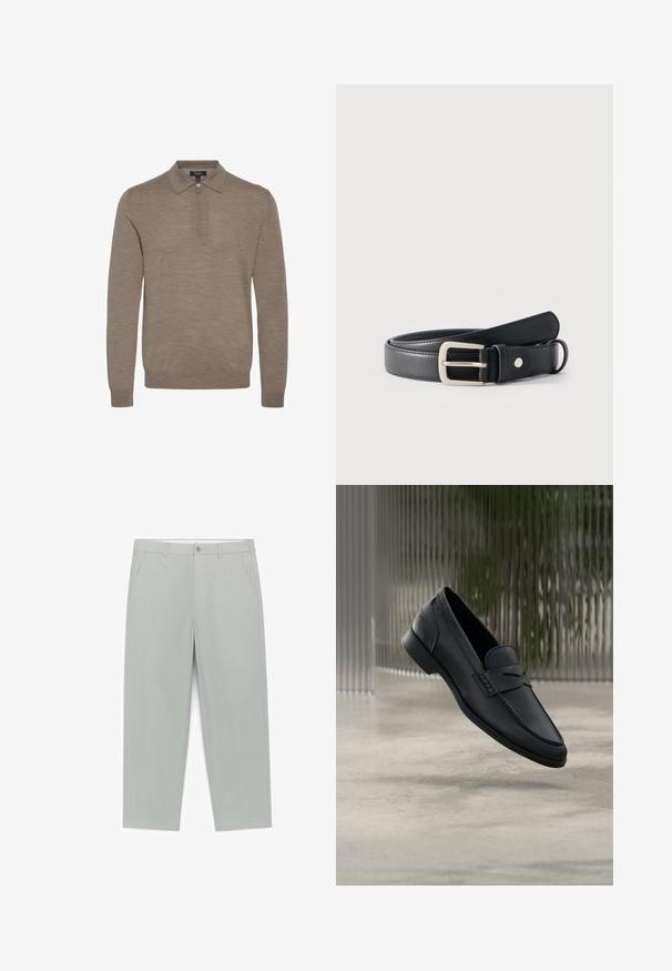 Pull léger marron avec un col zippé, des manches longues et une texture douce, fabriqué en maille fine.; Pantalon gris clair à jambes droites avec passants pour ceinture, poches latérales, bouton frontal et fermeture éclair.; Mocassin en cuir noir à finition lisse, bout pointu et détails cousus sur le dessus. Talon bas et design minimaliste.; Ceinture en cuir noir avec boucle rectangulaire argentée enroulée sur un fond blanc uni.