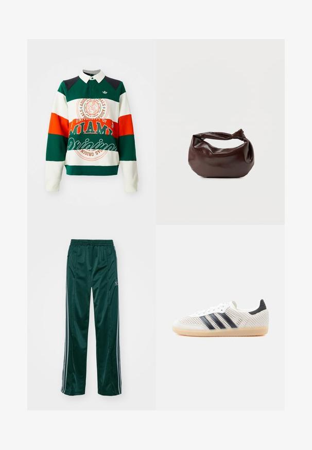 Groene, witte en oranje gestreepte sweatshirt met een kraag. Bevat een logo en tekst van de Universiteit van Miami, en een Adidas trefoil-embleem.; Donkergroene sportbroeken van glanzend materiaal, met zijstrepens in lichtgrijs en een geborduurd logo op het linkerbeen.; Witte sneakers van mesh met een zwart ontwerp van drie strepen, een ronde neus en een rubberen gumzool. Voorzien van een zachte hielkraag en een vetersluiting.; Donkerbruine leren schoudertas met een zachte, slungelige vorm en een gedraaide knoopvormige handgreep op een effen witte achtergrond.