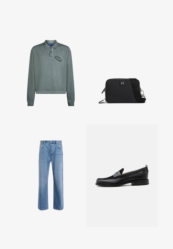 Langærmet polo i dæmpet teal med ribbet krave og manchetter. Sort logo broderi på brystet. Blødt, struktureret stof.; Lyseblå denim jeans med lige ben-design, fem lommer, knaplukning, minimal falming og kontraststingdetaljer.; Sort læderloafer med grå remdetalje, lav hæl og tekstureret sål, mærket med "HUGO" i guld på siden.; Sort rektangulær taske lavet af tekstureret materiale, med lynlås lukning, justerbar rem og en logo-patch på fronten.
