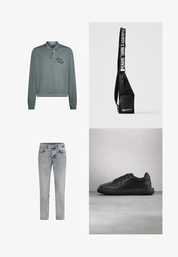 Langærmet polo i dæmpet teal med ribbet krave og manchetter. Sort logo broderi på brystet. Blødt, struktureret stof.; Lysblå denimjeans med lige ben, der har en falmet detaljering, fem lommer og en knaplukning i taljen.; Sort læder-sneaker med snøreringe, "Karl Lagerfeld"-branding på tungen og siden, vist foran en moderne glasstensvæg og betongulv.; Sort crossbody taske med lynlåslomme foran og justerbar rem med teksten "KARL LAGERFELD JEANS" i hvide bogstaver.