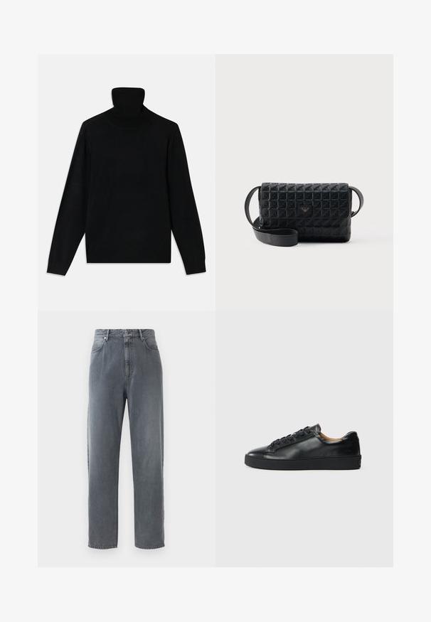 Sort turtleneck sweater, lavet af blødt strikstof, med lange ærmer og en figursyet silhuet. Simpelt design, ingen synlige mønstre eller accenter.; Højtraljede, lige ben jeans i falmet grå denim, med fem lommer, knaplukning og subtil falmning på stoffet.; Sorte lædersneakers med en glat overflade, rund tå og snørebåndslukning. Har en tyk gummisål og minimal branddetalje.; Sort tekstureret crossbodytaske med klaplukning og et lille metallogo foran, vist mod en ensfarvet baggrund.