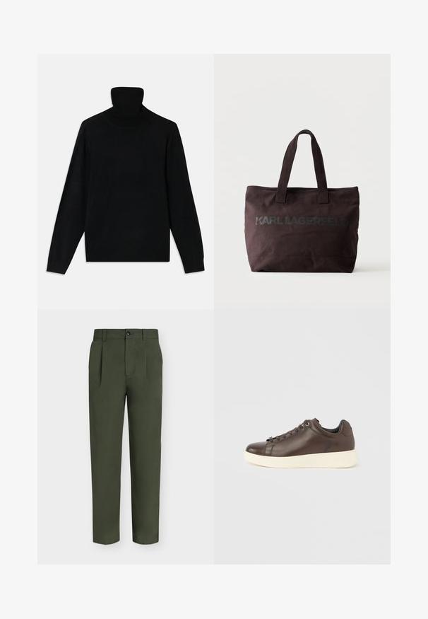 Sort turtleneck sweater, lavet af blødt strikstof, med lange ærmer og en figursyet silhuet. Simpelt design, ingen synlige mønstre eller accenter.; Mørkegrønne bukser med lige ben, læg, bæltestropper, sidelommer og frontlukning med knap og lynlås, vist på ensfarvet baggrund.; Brun lædersneaker med glat finish, rund tå, hvid gummisål og snørelukning med øjer. Minimalistisk design.; Mørkebrun shopper med to håndtag og "Karl Lagerfeld"-logo trykt foran på en ensfarvet lys baggrund.