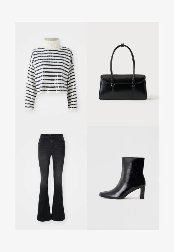 Cropped sweater med høj krave, der har marineblå og hvide vandrette striber samt en palietfinish for tekstur og glans.; Sorte bell-bottom jeans lavet af denim, med en høj talje, frontlommer, knaplukning og en ren finish ved kanten.; Sorte ankelstøvler lavet af blank læder, med spidse tæer og en mellemstor blokhæl, med en glat tekstur og et enkelt design.; Sort rektangulær læderhåndtaske med klaplukning og to lange håndtag mod en ensfarvet hvid baggrund.