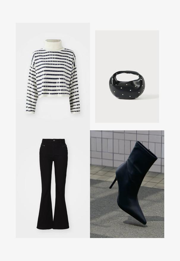 Cropped sweater med høj krave, der har marineblå og hvide vandrette striber samt en palietfinish for tekstur og glans.; Sorte buks med bred benåbning og høj talje, med forlommer og lynlåsdetaljer. Lavet af denim med en glat overflade.; Sort læder ankelstøvle med spids tå og høj stilet hæl på flisebelagt fortov og asfaltbaggrund.; Sort læderhåndtaske med en rundet form, dekoreret med sølvnitter, og et kort håndtag. Glat tekstur og lynlåslukning.