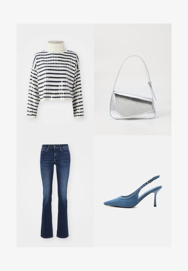 Cropped sweater med høj krave, der har marineblå og hvide vandrette striber samt en palietfinish for tekstur og glans.; Bredde mørkeblå jeans lavet af denim, med et klassisk fem-lomme design, lynlås foran og knaplukning. Glat tekstur og medium taljehøjde.; Blå denim spids tå slingback sko med høj hæl, sølv øjendesign og justerbar spænde.; Sølvmetallic håndtaske med en trekantet form, glat overflade og en tynd, justerbar skulderrem. Har et fold-over design med syninger.
