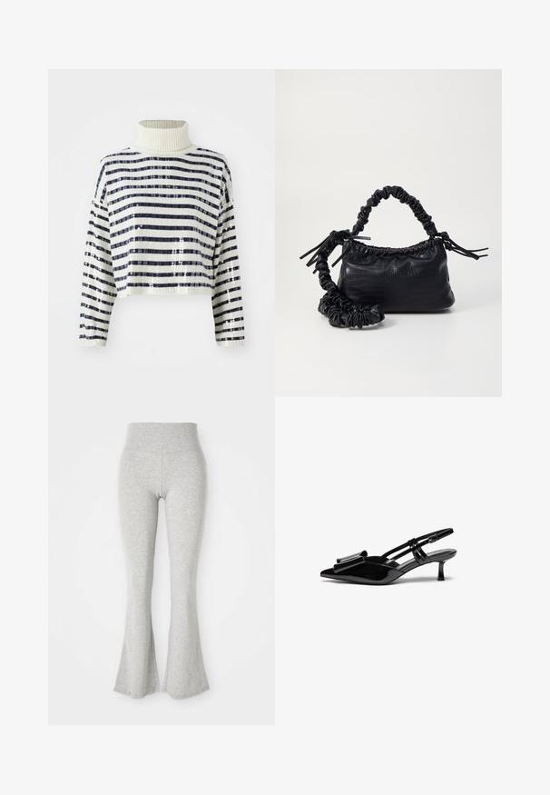 Cropped sweater med høj krave, der har marineblå og hvide vandrette striber samt en palietfinish for tekstur og glans.; Grå bredfede leggings lavet af blødt stof, med en elastisk talje og en glat struktur, der taper ned til en bred flade ved kanten.; Sorte patenterede læderslingbacks med spids tå, en sløjfedetalje foran og en lille stilettohæle. Remmene har justerbare spænder.; Sort kunstlæder håndtaske med krokodilteksur, indsnøret top og en sammenkrøben rem. Ser blød og kompakt ud i designet.