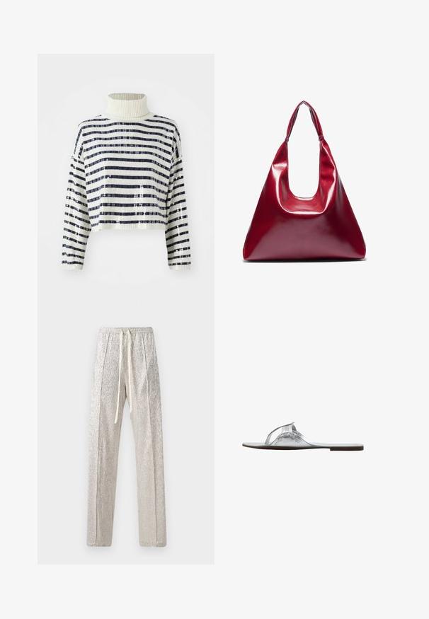 Cropped sweater med høj krave, der har marineblå og hvide vandrette striber samt en palietfinish for tekstur og glans.; Sølv, teksturerede bukser med en afslappet pasform. Har en snor i taljen og en subtil glans. Lige ben design uden yderligere udsmykninger.; Sølv flad slip-on sandal med tå-loop og syninger i remmen, vist i sideprofil på hvid baggrund.; Rød blank lædertaske med en trekantet form, bred åbning foroven og et enkelt buet håndtag. Glat tekstur med minimale sømdetaljer.