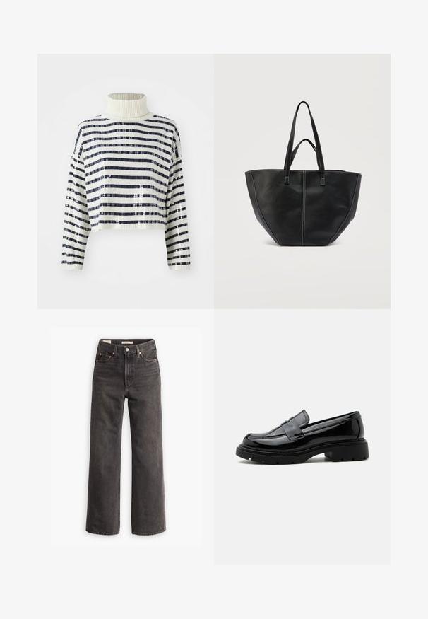 Cropped sweater med høj krave, der har marineblå og hvide vandrette striber samt en palietfinish for tekstur og glans.; Højtaljede, vide jeans i mørkegrå denim, med forlommer, kontrastfarvede kobbernitter og en ren finish uden pynt.; Sort skinnende læderloafer med kraftig sål og pennyrem, vist i sideprofil på en ensfarvet hvid baggrund.; Sort lædertaske med to håndtag og kontrastfuld hvid syning, med en bred, struktureret form og detaljer med central søm.