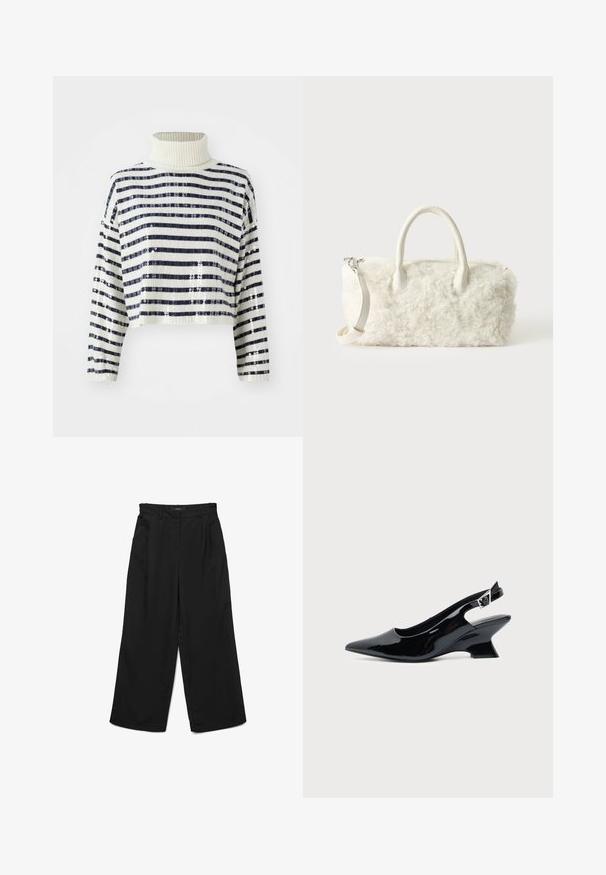 Cropped sweater med høj krave, der har marineblå og hvide vandrette striber samt en palietfinish for tekstur og glans.; Sorte bukser med brede ben, flad front, to plisser og sidelommer. Fremstillet af glat stof med en struktureret linning.; Sort laklæder slingback sko med spids tå og lav vinklet blokhæl på ensartet lys baggrund.; Lille hvid håndtaske med krøllet pelsstruktur, dobbelte håndtag og en aftagelig skulderrem mod en enkel lys baggrund.