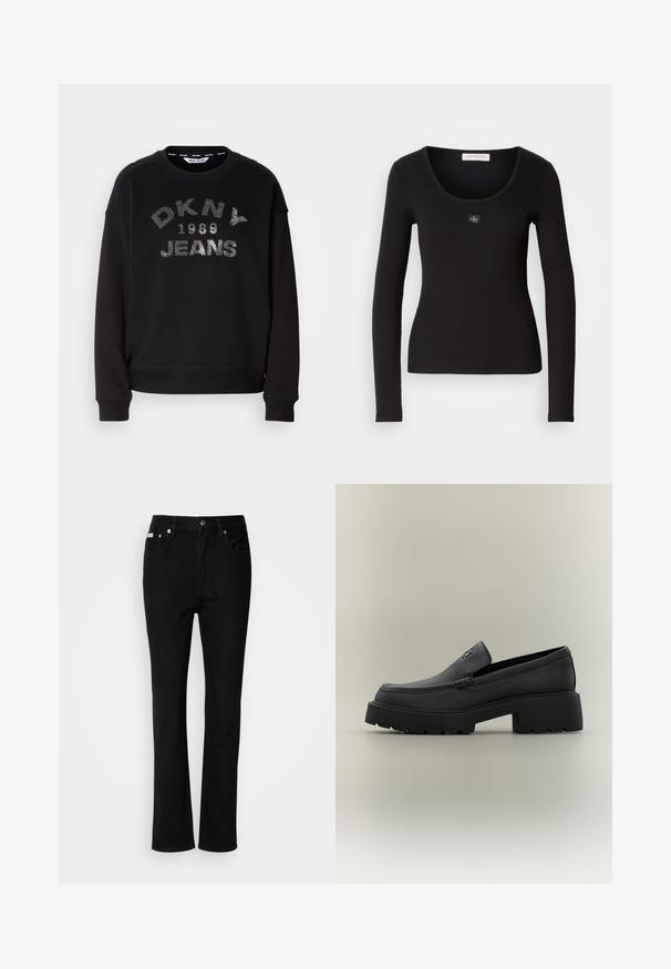Čierna mikina s nápisom "DKNY 1989 JEANS" v striebornom písme. Vyrobená z mäkkej tkaniny, so žebrovanými manžetami a lemom. Čistý, neformálny dizajn.; Čierny dlhý rukáv ribovaný top s okrúhlym výstrihom, s malým štvorcovým logom Calvin Klein na hrudi. Jemná textúra.; Čierne džínsy s rovnými nohavicami, s predným gombíkom a zipsom, pútka na opasok a s piatimi vreckami.; Čierna kožená mokasína s masívnou podrážkou, blokovým podpätkom a malým kovovým logom na hornej časti, zobrazená z profilu na neutrálnom pozadí.