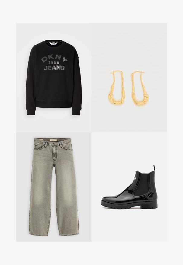 Mustat collegepaita, jossa on hopeakirjaimin "DKNY 1989 JEANS". Valmistettu pehmeästä kankaasta, jossa on ribbaus hihansuissa ja helmassa. Siisti, rento muotoilu.; Vaaleanharmaat, leveät farkut, jotka on valmistettu denimistä. Ominaisuuksiin kuuluu perinteinen viisi-tasku tyyli ja kevyttä haalistumista kankaan pinnalla.; HUGO TABITA - Kumisaappaat - black; Kultaiset korvarenkaat, joissa on orgaaninen, teksturoitu muotoilu epäsäännöllisillä muodoilla ja sileä pinta. Kevyet ja turvallisella kiinnityksellä.