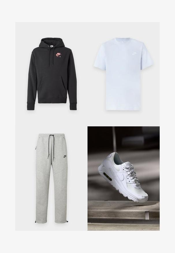Sudadera Nike Air negra con bolsillo frontal, capucha con cordón y logotipo rosa en el pecho, exhibida sobre un fondo blanco liso.; Camiseta de algodón de color azul claro con mangas cortas, cuello redondo y un logo blanco de Nike impreso en el pecho izquierdo. Textura suave, diseño sencillo.; Pantalones de chándal Nike grises con cintura ajustable por cordón, bolsillos laterales y puños elásticos. Presentan una textura suave y un detalle del logo negro en contraste.; Zapatilla Nike Air Max 90 blanca con parte superior de malla y cuero, caja de puntera perforada y unidad de aire visible en el talón.