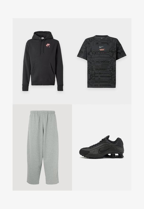 Sudadera Nike Air negra con bolsillo frontal, capucha con cordón y logotipo rosa en el pecho, exhibida sobre un fondo blanco liso.; Camiseta negra con un patrón texturizado, que presenta un pequeño logotipo de Nike en azul claro y un parche rectangular con el logotipo en colores contrastantes.; Pantalones deportivos gris claro con cintura elástica, diseño de pernera ajustada y textura suave. Sin marcas visibles ni patrones.; Zapatillas de running negras con un upper sintético liso, detalles perforados, paneles laterales texturizados y una suela distintiva y elástica.