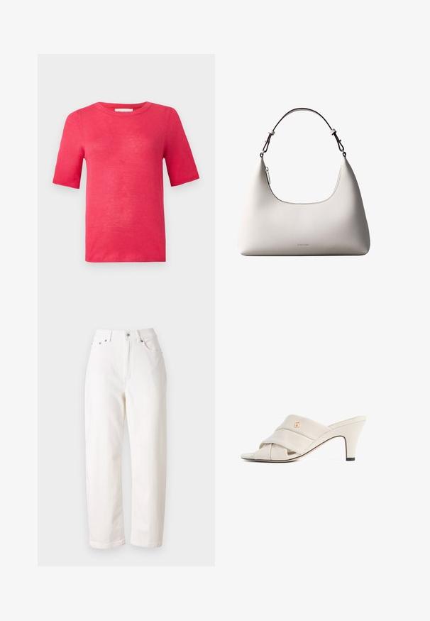 T-shirt à manches courtes et col rond de couleur rose vif. Fabriqué en matériau léger avec une texture lisse et des coutures minimales.; Jean en denim blanc avec une coupe droite, taille haute, fermeture éclair et bouton métallique. Comprend cinq poches et une couture discrète.; Mules à talons hauts beiges avec un design de bride en cuir torsadé, bout ouvert et motif de logo en relief. Le talon présente un détail d'embout noir.; Sac à bandoulière en cuir couleur crème de Calvin Klein avec bord supérieur incurvé, fermeture éclair argentée et sangle ajustable brun foncé.